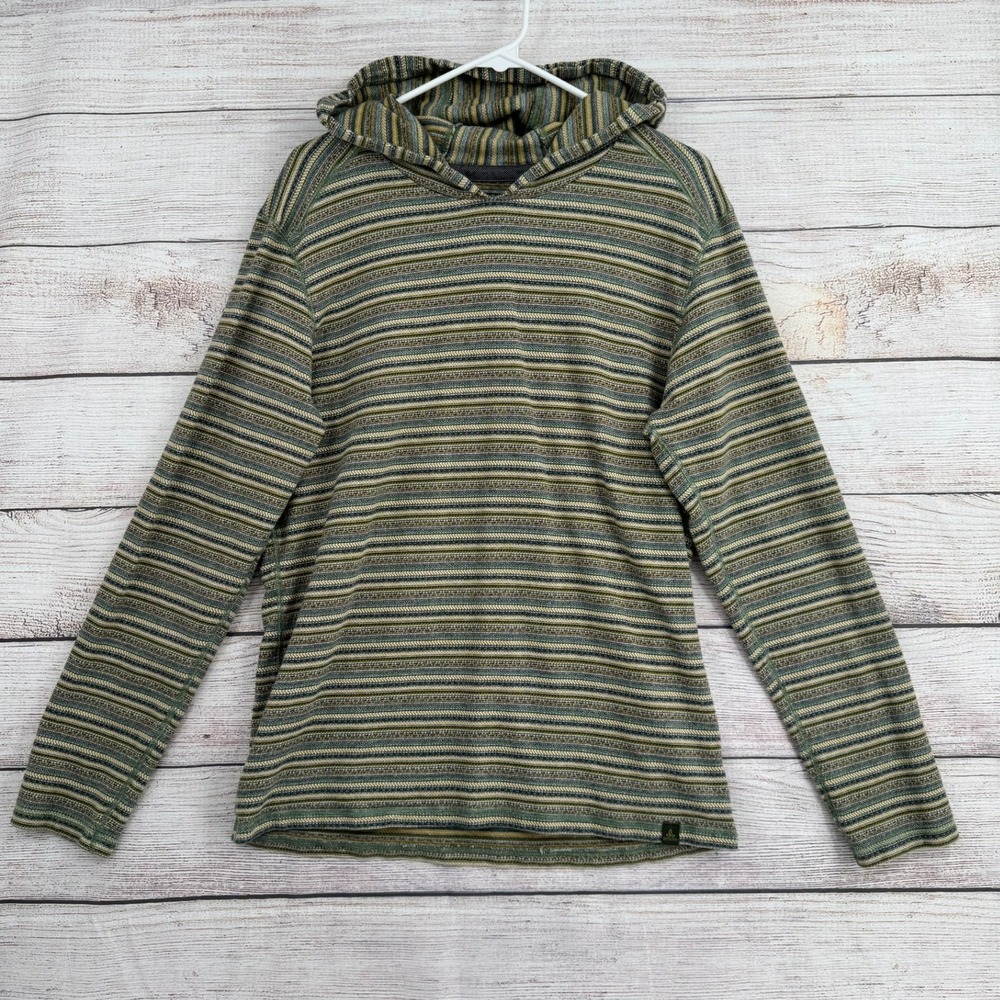 Prana Hoodie Pullover Mens Large Green Yellow Striped Knit Long Sleeve
